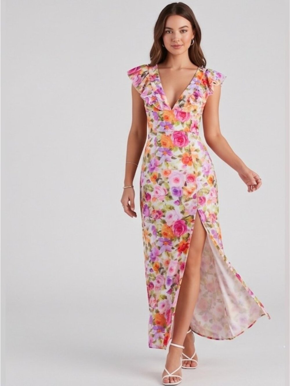 Floral Ruffle-Sleeve High Slit Maxi Dress